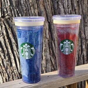 Set Of 2 Starbucks Glitter Tumblers Blue And Red 24 Oz Cold‎ Cup No Straws